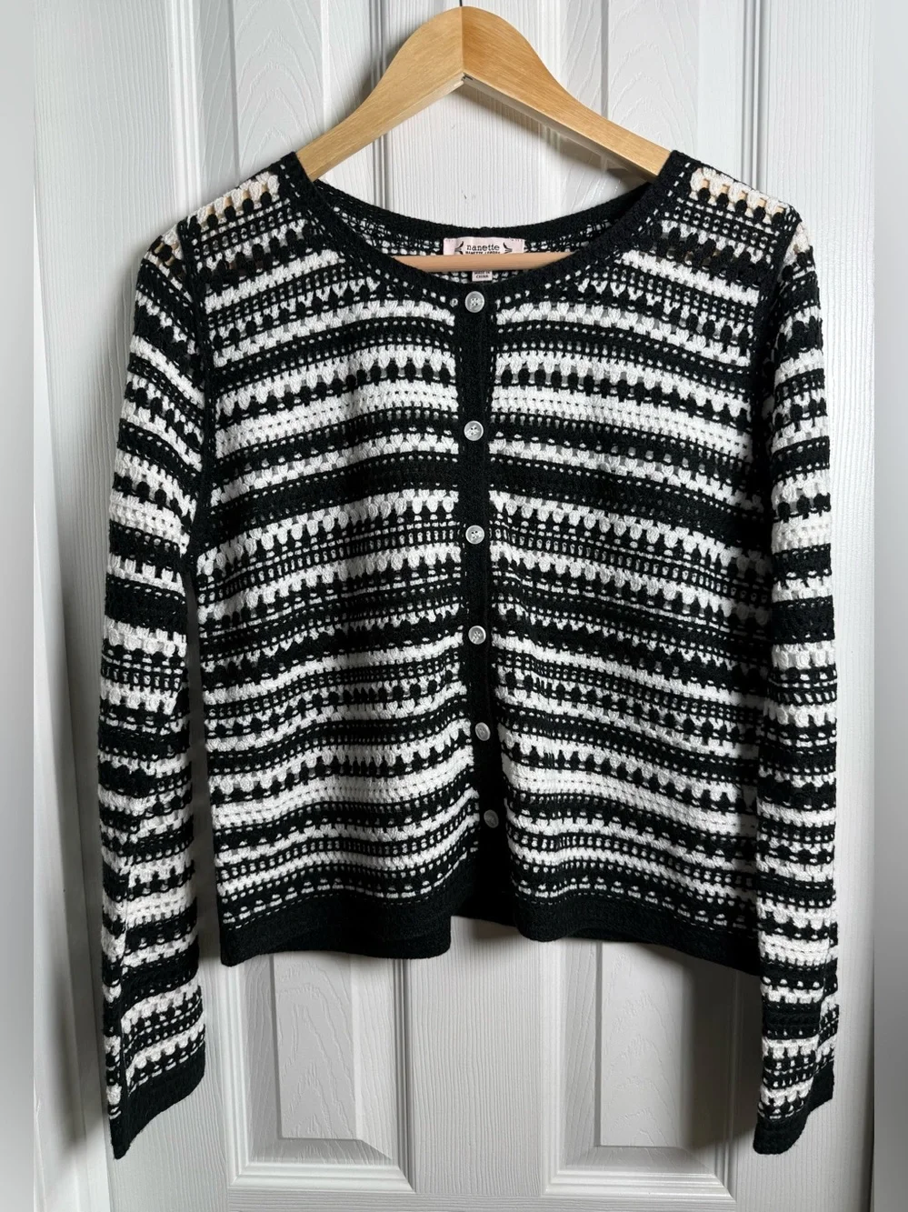 nanette lepore Button Crochet Cardigan M Blk White Strip Lightweight Casual Chic